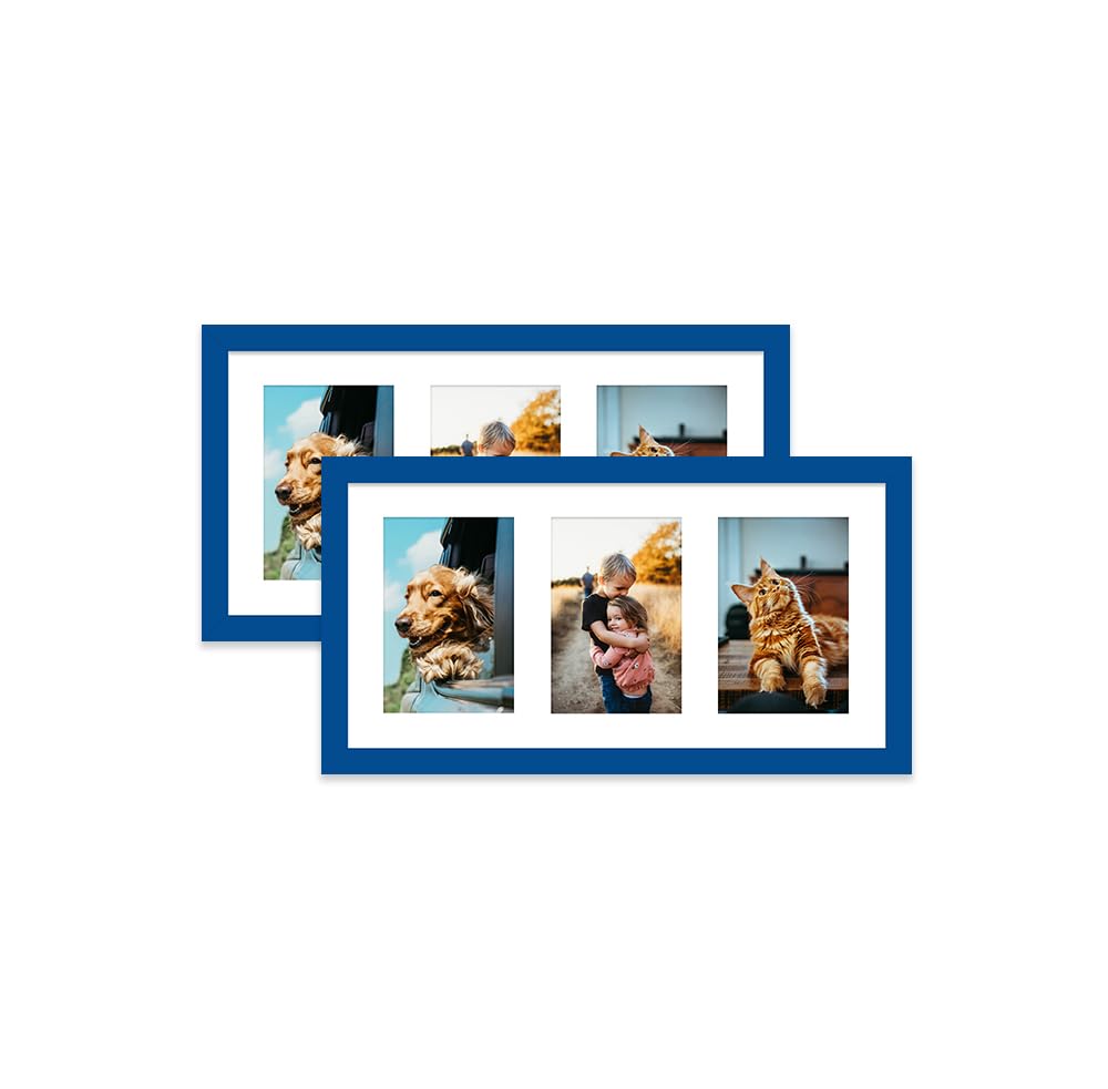 Blue Multi Photo Frame - Holds 3 x 6x4 Pictures, Family Collage Picture Frame for Wall Display, 8x16 Panoramic Frame Size, Set of 2