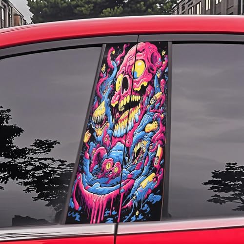 Image of Blueshyhall 2PCS Car B-Pillar Vinyl Decals, Graffiti Scary Halloween Personalized Vehicle Door Pillar Sticker, Waterproof Sun Protection Scratch Cover