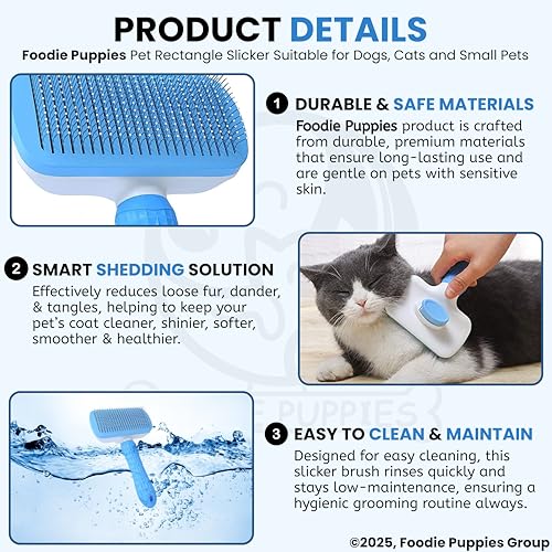 Image of Foodie Puppies Grooming & Cleaning Thin Slicker Brush for Dogs & Cats | Self Clean Brush for Shedding | Gently Removes Loose Undercoat, Mats and Tangled (Rectangular, Medium) (Color May Vary)
