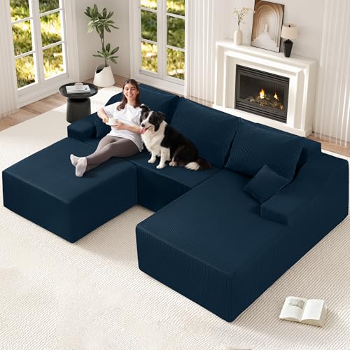 Image of HABUTWAY U Shaped Modular Sectional Couch for Living Room, Modular Cloud Sofa with Ottoman, No Assembly Boneless Couches with Deep Seat, Corduroy Fabric (Blue, Right Facing)