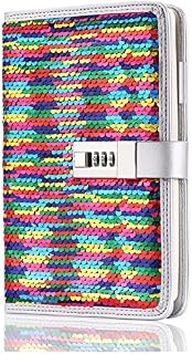 VIPbuy A5 Lined Refillable Diary with Combination Lock Pen Holder and Card Slots, DIY Reversible Sequin Personalised Journal Notebook for Women Girls Birthday Gifts (Rainbow to Silver)