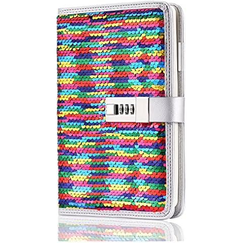 VIPbuy A5 Lined Refillable Diary with Combination Lock Pen Holder and Card Slots, DIY Reversible Sequin Personalised Journal Notebook for Women Girls Birthday Gifts (Rainbow to Silver) Cover