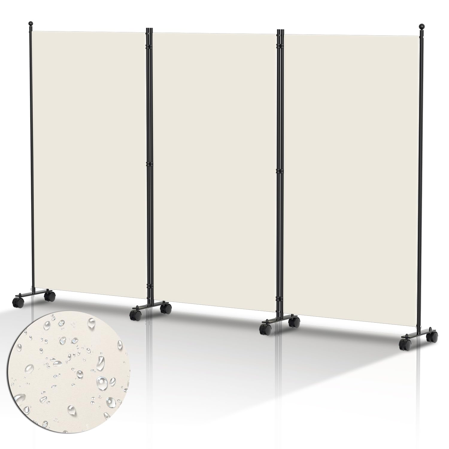 Biombo biombo con ruedas, divisor plegable de 3 piezas, 263 x 181 x 30 cm, para dormitorio, protección visual de fibra de poliéster, fácil instalación (beige)