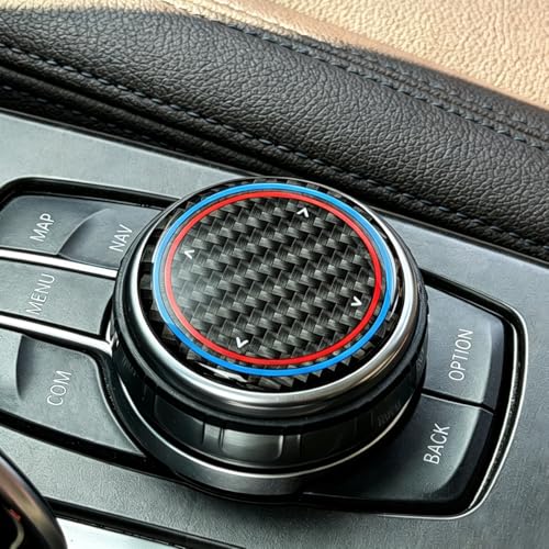 Image of Center Console Multimedia Knob Button Cover compatible with BMW Interior | 1.81 inches for X3 X4 X5 X6 1 3 4 5 7 Series 3GT 5GT,High Clarity Resin with Real Carbon Fiber Texture, Sporty Ring Design
