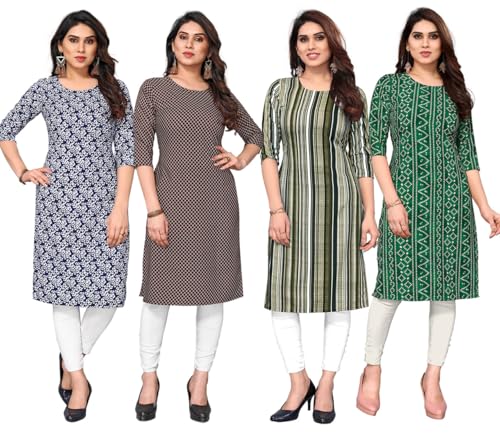 Image of JAKHANA Women's Crepe Printed Casual Straight Calf Length Round Nick Kurta Pack of 4