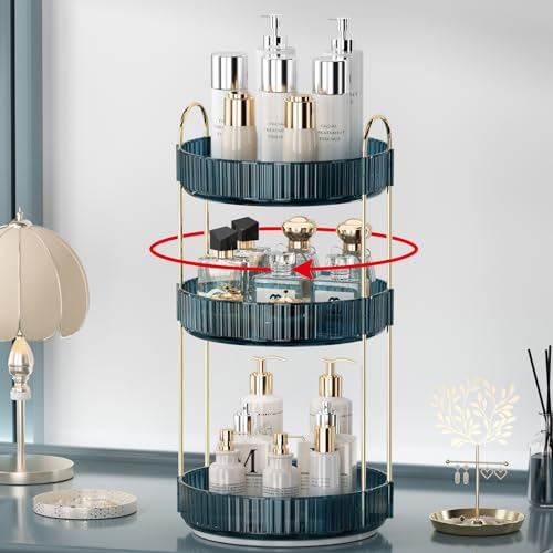 Weidace 360 Rotating Makeup Organizer for Vanity, Bathroom Countertop Organizer Spinning Perfume Organizer, High-Capacity Cosmetic and Skincare Dresser Make Up Holder Rack (3 Tiers, Blue)