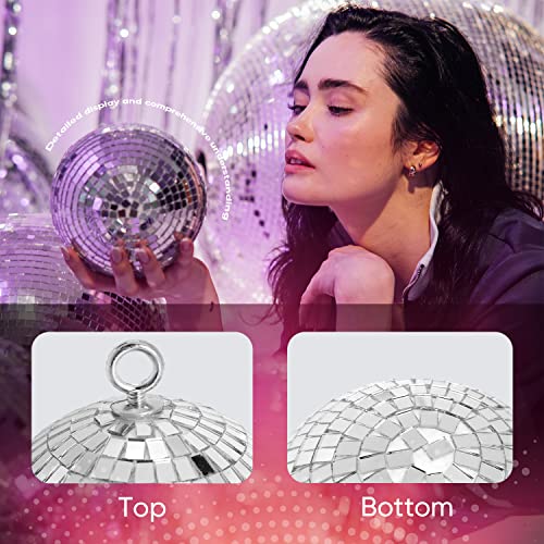 Bola espejada plateada de 6 pulgadas con set de 28 bolas espejadas mini: decoración con anillo colgante y 28 piezas de bolas espejadas en varios tamaños para DJ, fiesta temática años 70, boda y cumpleaños miniatura 4