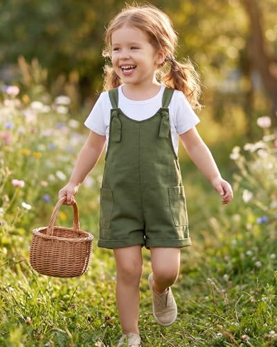 Image of HINTINA Toddler Girl Overall Shorts Set Adjustable Loose Jumpsuit Short Sleeve T-shirt Vacation Summer Outfits with Pockets