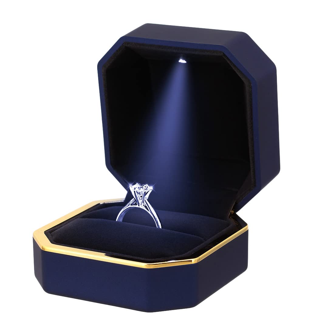 MultifitSquare Shape Velvet Proposal Engagement Ring Box Case LED Light Jewelry Coin Gift Box(Blue)