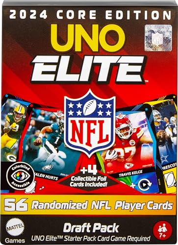 Mattel Games UNO Elite NFL Draft Pack Karten mit 4 Überraschungs-Sammelfolienkarten mit Teamspielern (Spieler können variieren)