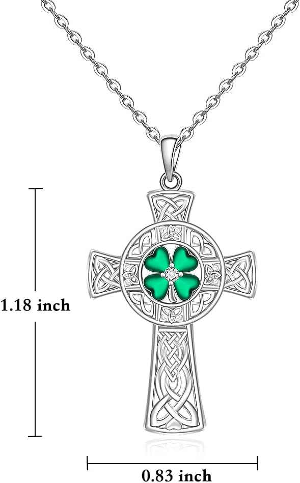 Fenthring St Patricks Day Necklace Shamrock Necklace Celtic Cross Four Leaf Clover Necklaces for Women Sterling Silver Irish Shamrock Pendant Green 4 Leaf Clover Jewelry Lucky Gifts - Image 2