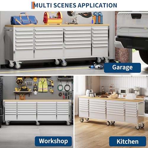 Image of IDEALHOUSE 96 inch Rolling Tool Chest, Garage Workbench with 24 Drawers, Solid Rubber Wood Top & with Wheels Lock Key Locking, Mobile Workstation Tool Cabinet for Workshop Storage