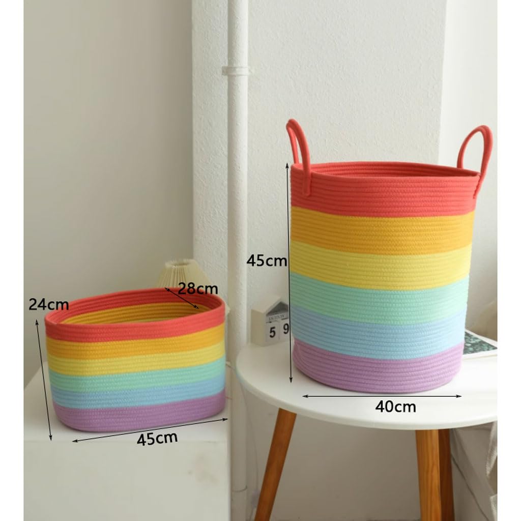 Regenbogen-Wäschekorb, Baumwollseil, gewebt, für schmutzige Kleidung, Spielzeug, Aufbewahrungskorb, Haushaltswäschekorb für Wohnzimmer, Schlafzimmer, Badezimmer
