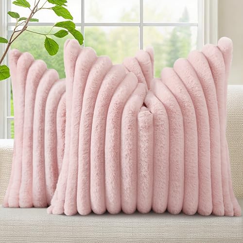 decorUhome Faux Fur Christmas Throw Pillow Covers 18x18 Set of 2, Decorative Soft Plush Striped Neutral Couch Euro Pillow Covers with Velvet Back for Sofa, Bed, Living Room Home Decor, Pink