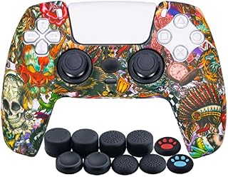 YoRHa Water Transfer Printing Silicone Thickened Cover Skin Case for PS5 Dualsense Controller x 1(Beasts) with Thumb Grips x 10