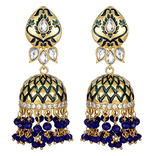 Aheli Elegant Gold Tone Traditional Wedding Wear Floral Enamel Jhumka Jhumki Earrings with Beaded Tassel Ethnic Indian Fashion Jewelry for Women Girls