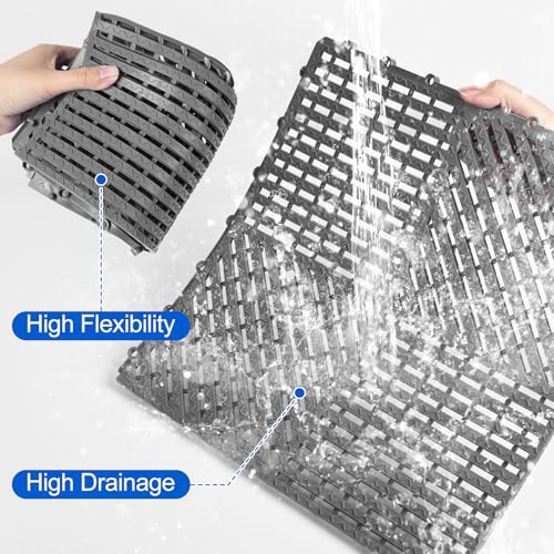 Image of ToLanbbt Modular Interlocking Cushion 12P 11.8 inch x 11.8 inch Interlocking Rubber Floor Drain Holes Non-Slip Splicing Drainage Mats for Deck, Shower, Kitchen, Drain Pool, Sauna Bath (Dark Grey, Diagonal)