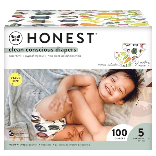 Image of The Honest Company Comfort Dry Disposable Diapers Plant-Based Sustainable So Delish and All Letters Super Club Box Size 5 27and lbs 100 Count