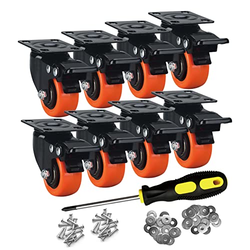 Image of 2 inch Caster Wheels Set of 8, Heavy Duty Casters with Brake, No Noise Locking Casters with Orange Polyurethane (PU) Wheels, Swivel Plate Castors Pack of 8