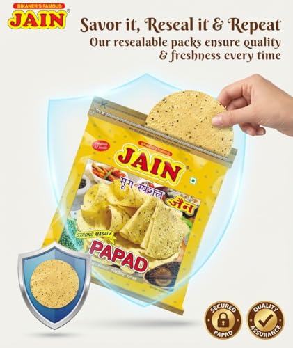 Image of JAIN Papad Moong Dal Special, Strong Masala, 400g, Papad Size-10 Inches, Handmade, Zipper Packing, No Preservatives, Contains 22-24 Papads Per Pack