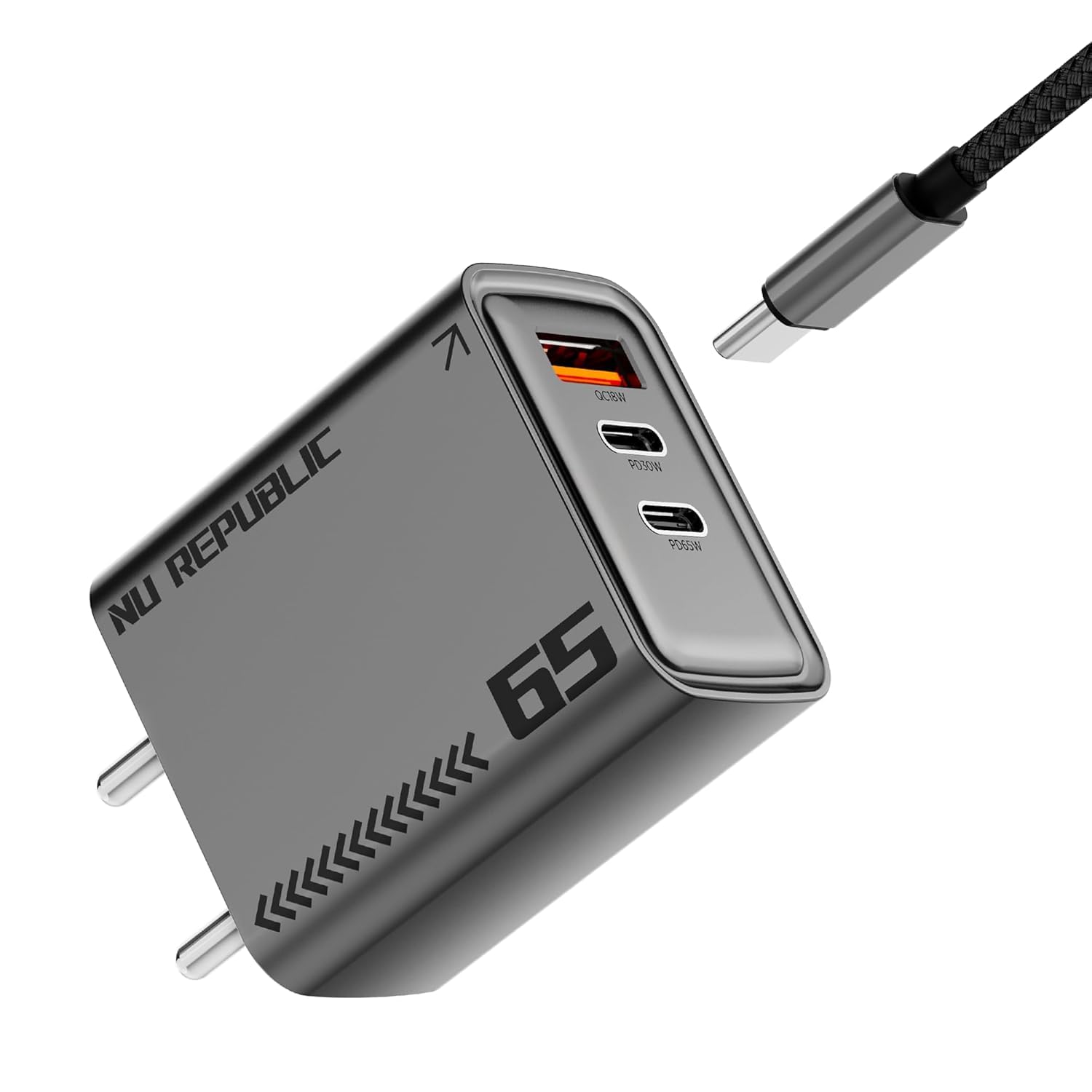 Nu Republic Cybotron 65W GaN Superfast Wall Charger with Type-C to Type-C Cable, 65W Output Compatible with MacBook & Type-C Laptop Charging, iPhone, Samsung, OnePlus, Nothing (Grey)-image-17