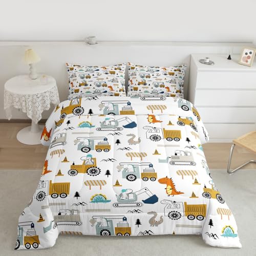 Feelyou Construction Bedding Set Twin Size Equipment Trucks Comforter Set for Kids Boys Girls Decor Dinosaur Comforter 3D Digital Print Yellow Duvet Set Bedroom Quilt Set with 1 Pillow Case