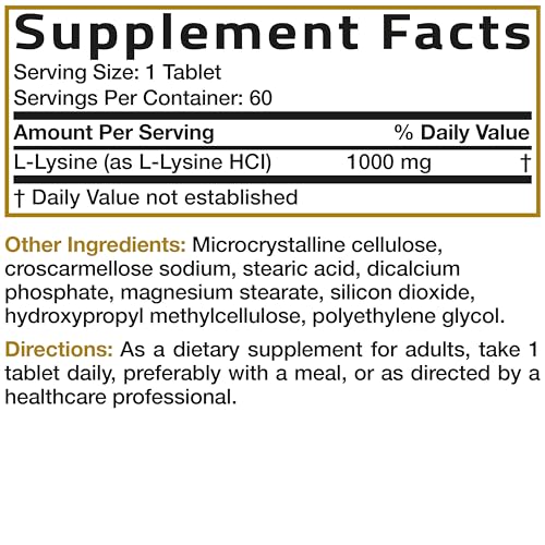Image of Bronson L-Lysine Extra Strength, High Potency 1000mg per Tablet Dietary Supplement 60 Vegetarian Tablets