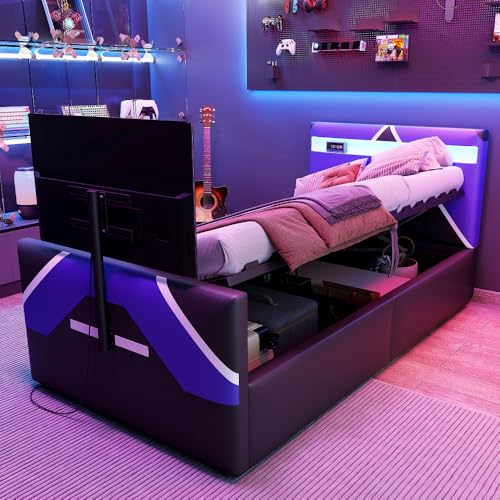 Cama acolchada para videojuegos, 90 x 200 cm, con iluminación LED que cambia de color, cama individual con box multifuncional para TV integrado, estructura de camas con contenedor hidráulico