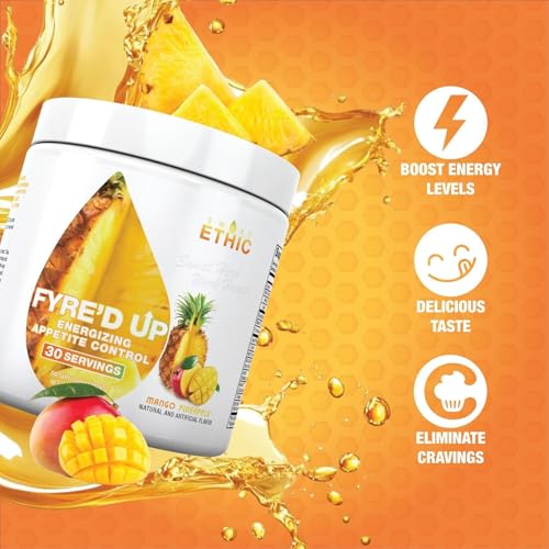 Image of Sweat Ethic FYRE'D UP Energizing Appetite Suppressant, 200MG Natural Caffeine, Supports Active Lifestyle & Craving Control, Easy-Mix Powder for Pre Workout Energy, Mango Pineapple Flavor, 30 Servings