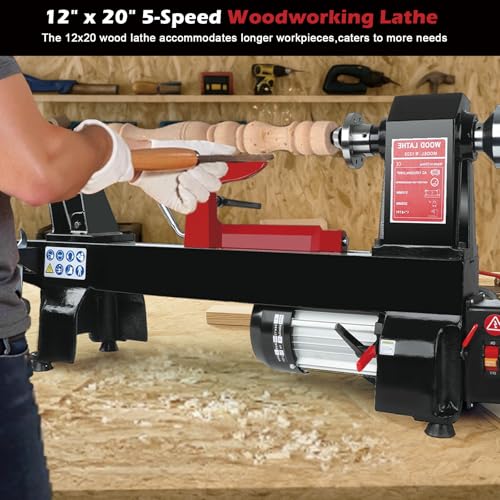 image for hightall Wood Lathe Machine, 12 x 20 inch, 550W 3/4HP, 5 Speed Setting