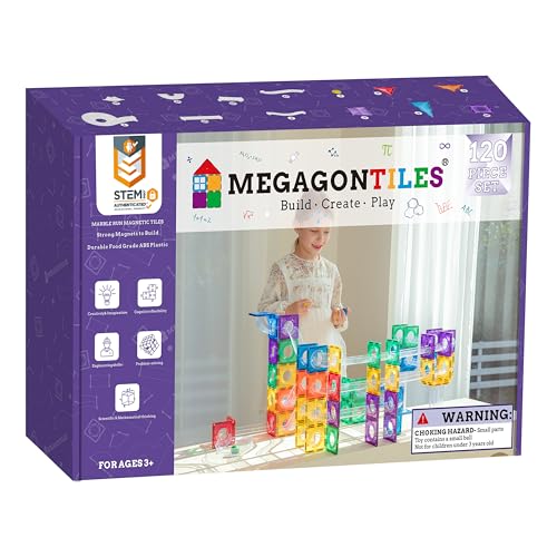 MEGAGONTILES Marble Run Magnetic Tiles Set — 120 Pieces with Track Accessories