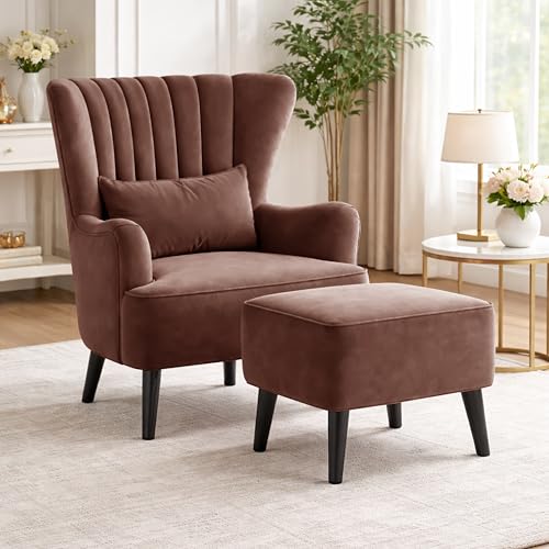 Image of Modern Velvet Wingback Accent Chair with Ottoman & Cushion for Living Room | Premium Upholstered Lounge Chair with Footrest |Brown