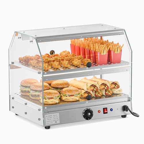 ROVSUN 2-Tier Food Warmer Pizza Warmer Countertop, Food Warmer Display Pretzel Warmer with LED Lighting Front and Rear Doors, Electric Catering Hot Box Acrylic for Buffet Restaurant Cafe