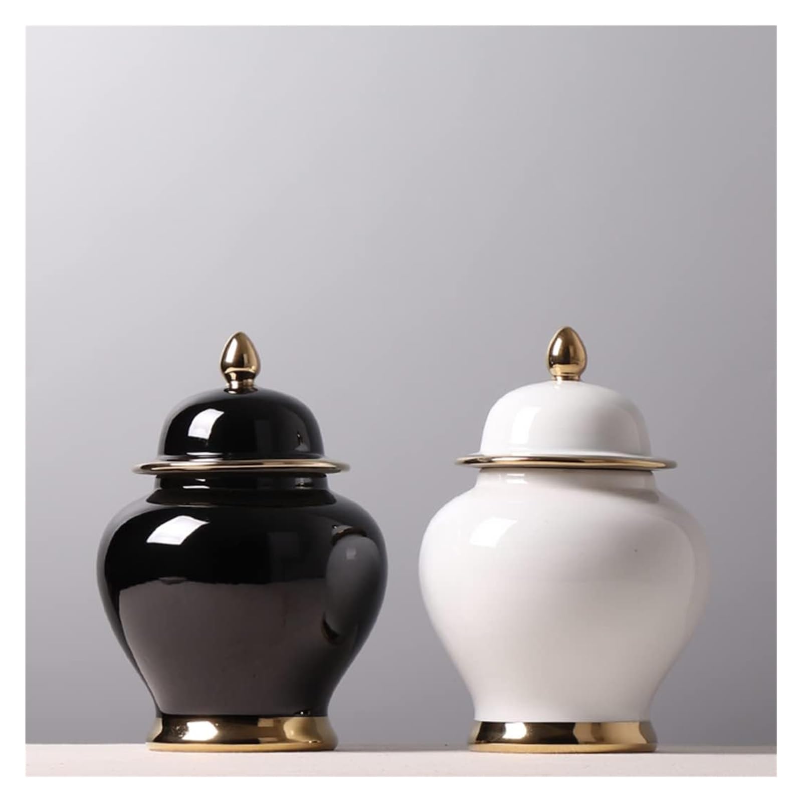 Wazon ceramiczny, słoik na imbir z pokrywką, tradycyjny chiński dekoracyjny słoik porcelanowy, słoik świątynny z pokrywkami, błyszczące wazony na kwiaty, dekoracja, półka na książki (czarny) (bia