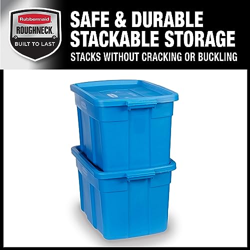 Image of Rubbermaid Roughneck Tote 25 Gal, 4 Pack, Made in USA, Heritage Blue, Rugged Plastic Stackable Storage Bins with Lids and Handles