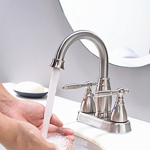 Brushed Nickel 2 Handles 4 Inch Stainlees Steel Lavatory Bathroom Faucet By Phiestina, Modern Contemporary Centerset Bathroom Faucet For Sink With Copper Pop Up Drain And Water Supply Lines, BF17-4-BN