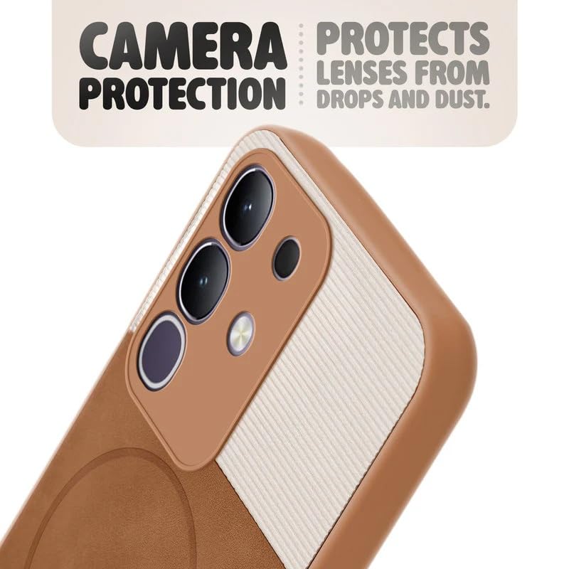 Image of Bintage case Dual-Leather Macc-Safe Design Phone Case| Soft Touch Finish | Full Camera Protectection Back Cover Compatible for iQOO I2404 / Z10x 5G - White & Nut Brown