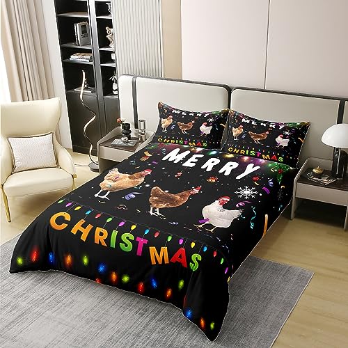 Homewish Merry Christmas Bedding Set Xmas 100% Cotton Duvet Cover Double Chicken Print Comforter Cover Rainbow Neon White Snowflake Decorations Bed Sets with 2 Pillowcases New Year Gifts - Image 2