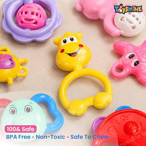 Image of Toyshine Pack of 7 Rattle Set with Teathers for Newborn Babies, Toy for Babies, Non-Toxic, Plastic, Multi-Colored