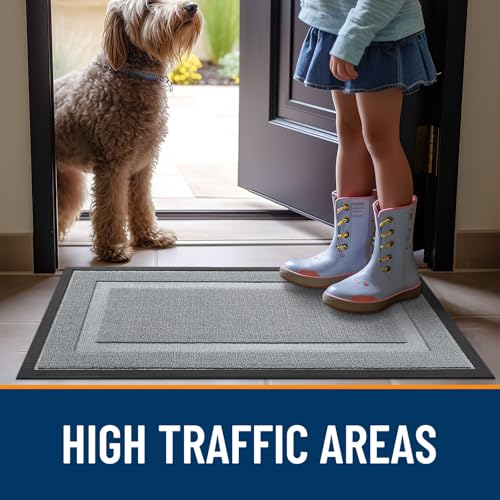 Image of OLANLY Front Door Mat Indoor Outdoor Entrance, Waterproof All-Season, All-Weather Doormat, Sturdy Natural Rubber, Low Profile, Easy Clean Patio Porch Entryway Mat, 33x21, Ash Gray