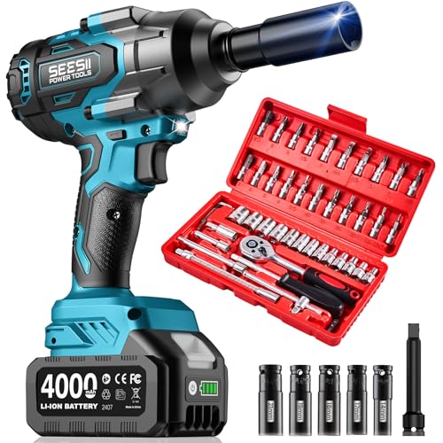 Image of Seesii Impact Wrench & 46pcs Socket Wrench Set, 1000N.m (738 Ft-Lbs) Cordless Impact Driver, 1 /2 inch Impact Gun With 21v 2x4.0Ah Battery, Auto /Motorcycle Tool Kit, Wh10 Ultra