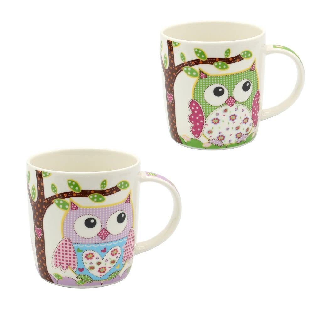 Dekohelden24 Set of 2 Porcelain Coffee Mugs with Colourful Owls Design Green/Purple Size H/Diameter 9.5 x 8.5 cm/Capacity 350 ml Dishwasher Safe