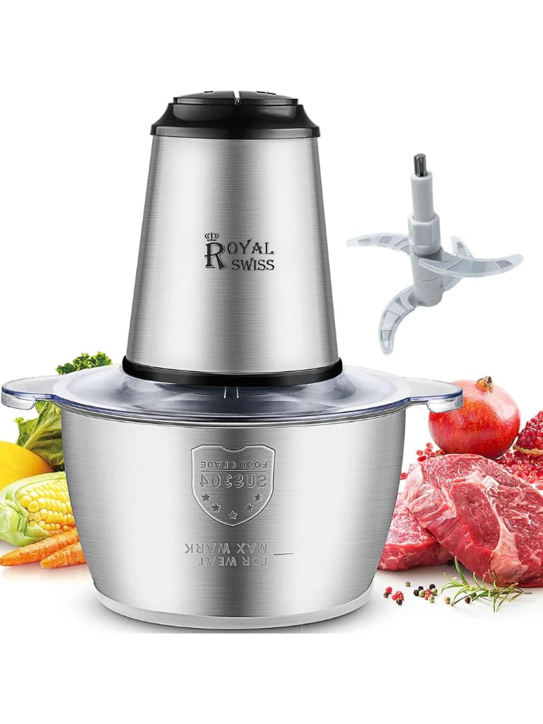 Royal Swiss Tritatutto Elettrico, 3L, 500W, Acciaio Inox, 4 Lame, 2 velocità, Robusto e Durevole Per tutti i tipi di utilizzo (5L)