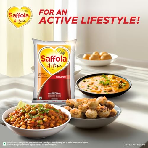 Image of Saffola Active Refined Cooking oil | Rich in Omega 3 & Oryzanol | Multi-Source Edible Rice Bran & Soyabean oil | 930ml / 850g pouch (Weight May Vary)