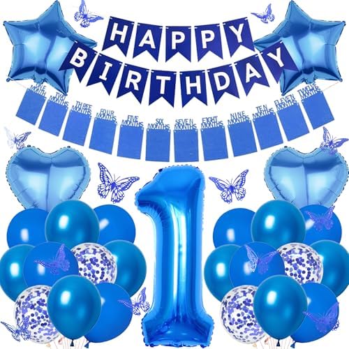 Ballons décoratifs pour garçons – Photo bleue et bannière « Happy...