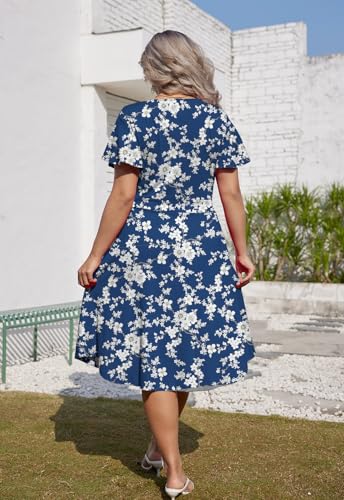 Image of Women's Plus Size Summer Dresses V Neck Ruffle Short Sleeve Casual Wrap A Line Midi Dress with Pockets