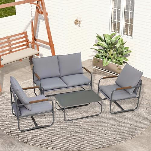GOWE 4-Piece Outdoor Patio Furniture Sets, Patio Conversation Set with Removable Seating Cushion, Courtyard Patio Set for Home, Yard, Poolside