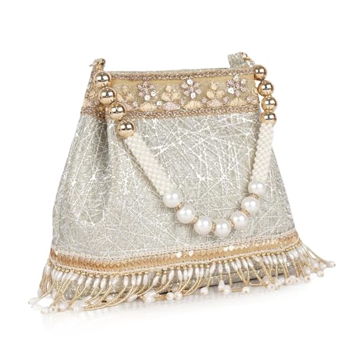 Image of Nevis PU Silk Fabric Women's Embellished Potli Bag with Pearl Handle & Fringe Detailing | Designe Wedding & Festive Handbag