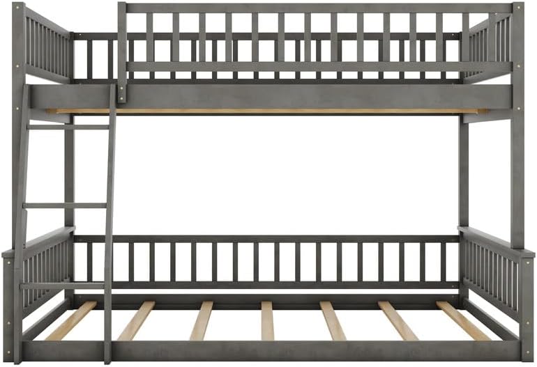 Full XL Over Queen Bunk Bed, Modern Pine Wood Floor Bunk Bed Frame, Convertible to 2 Separated Platform Beds with Ladder & Guardrail, Wood Slat Support, Easy Assembly, Grey