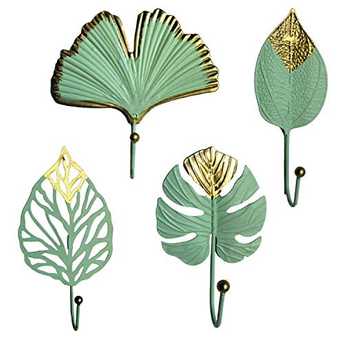 zalati Cintres 4 pcs Métal Mini Support Mural avec Style en Forme de Feuille pour Vêtements Sac à Main Écharpe Clés Cintres - Vert
